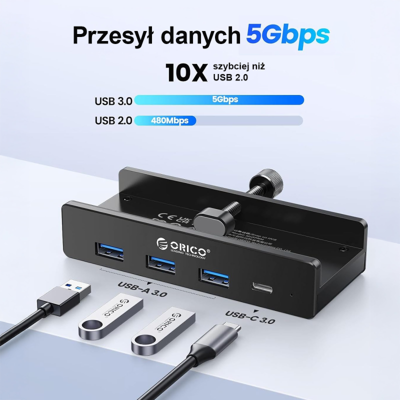 Orico Aktywny hub USB-C 5Gbps, 15W, przykręcany, 3x USB-A, USB-C, czarny