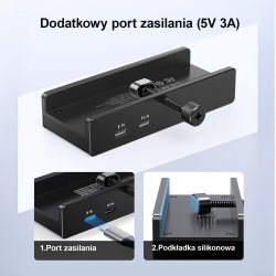 Orico Aktywny hub USB-C 5Gbps, 15W, przykręcany, 3x USB-A, USB-C, czarny