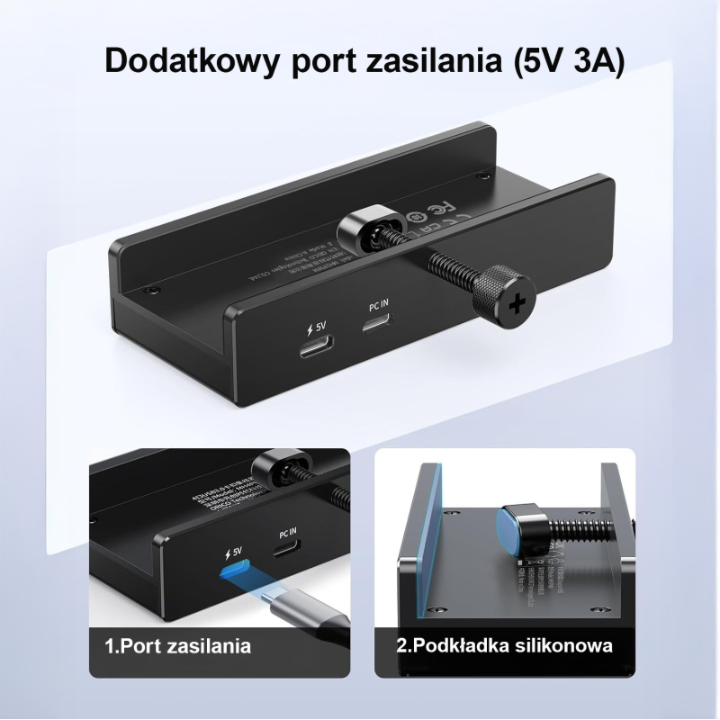 Orico Aktywny hub USB-C 5Gbps, 15W, przykręcany, 3x USB-A, USB-C, czarny