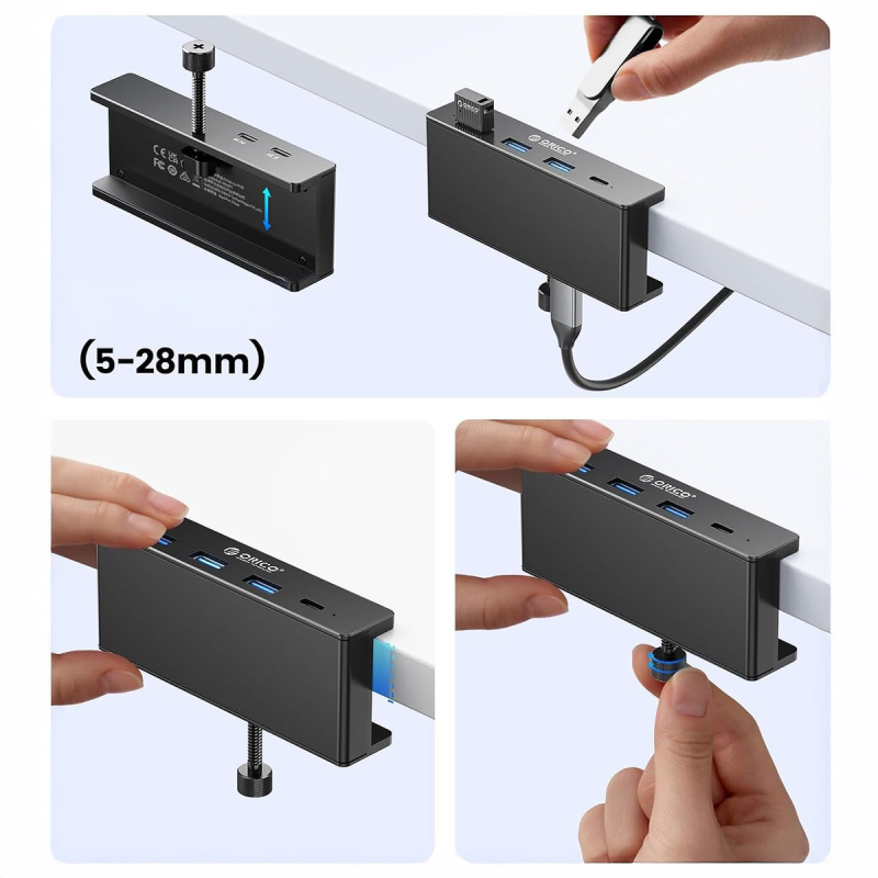 Orico Aktywny hub USB-C 5Gbps, 15W, przykręcany, 3x USB-A, USB-C, czarny