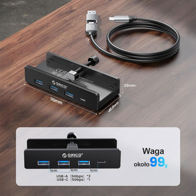 Orico Aktywny hub USB-C 5Gbps, 15W, przykręcany, 3x USB-A, USB-C, czarny