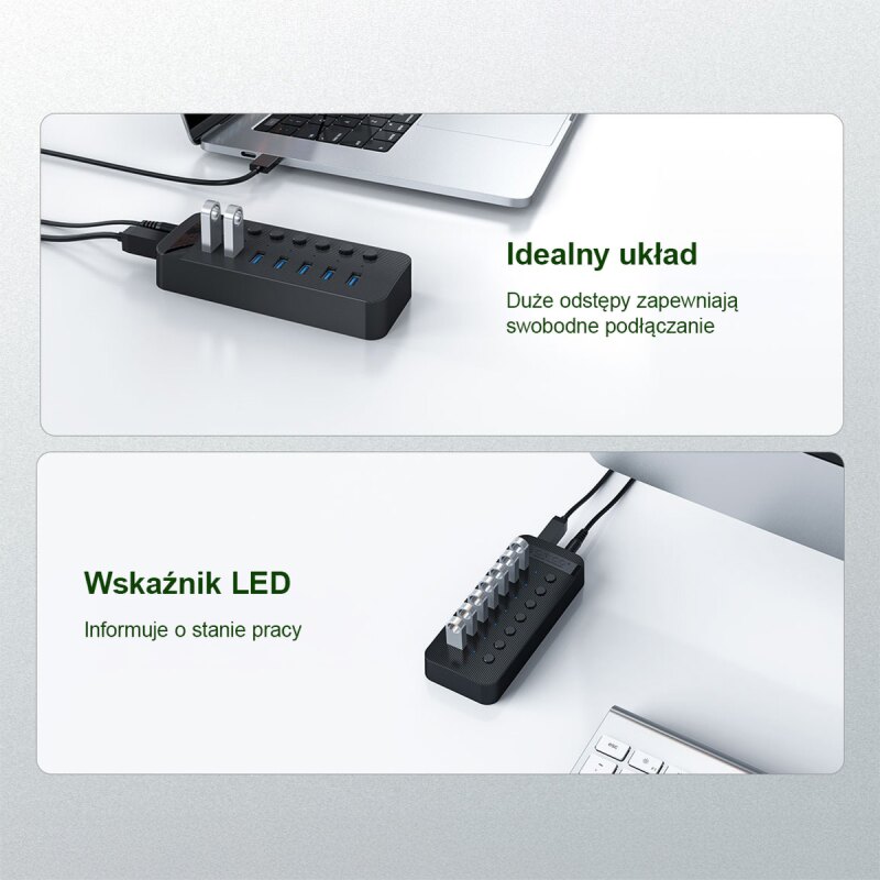 Orico Aktywny hub 10xUSB-A 5Gbps BC 1.2 48W czarny | PartsPC.pl