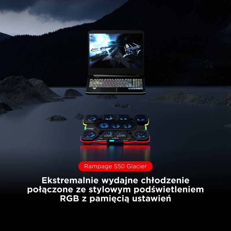 Rampage Glacier Gamingowa podstawka chłodząca pod laptop 14–17”, 2600RPM, czarna