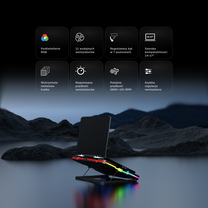 Rampage Glacier Gamingowa podstawka chłodząca pod laptop 14–17”, 2600RPM, czarna