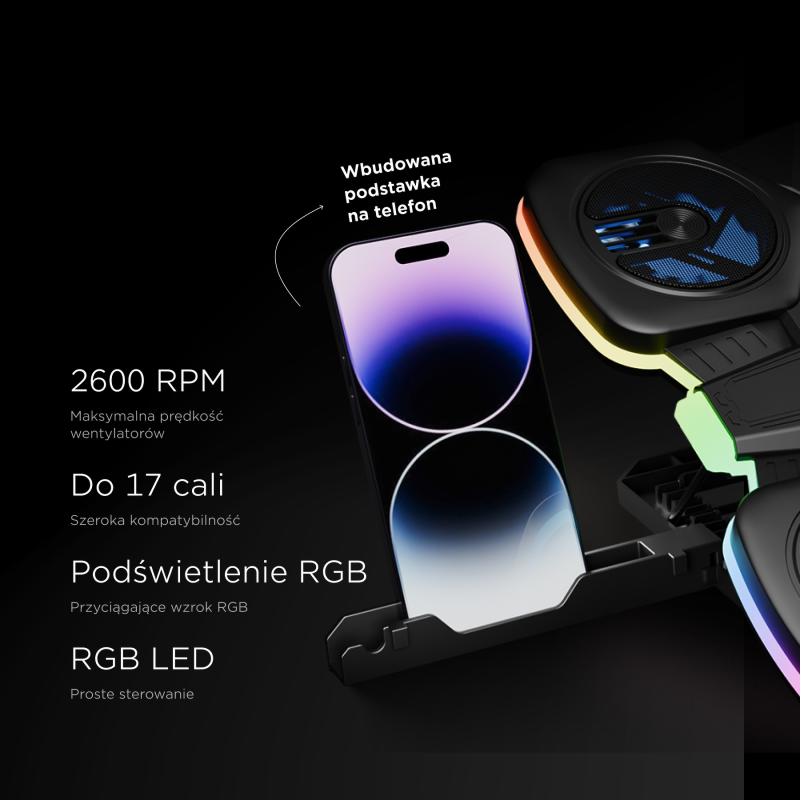 Rampage Glacier Gamingowa podstawka chłodząca pod laptop 14–17”, 2600RPM, czarna