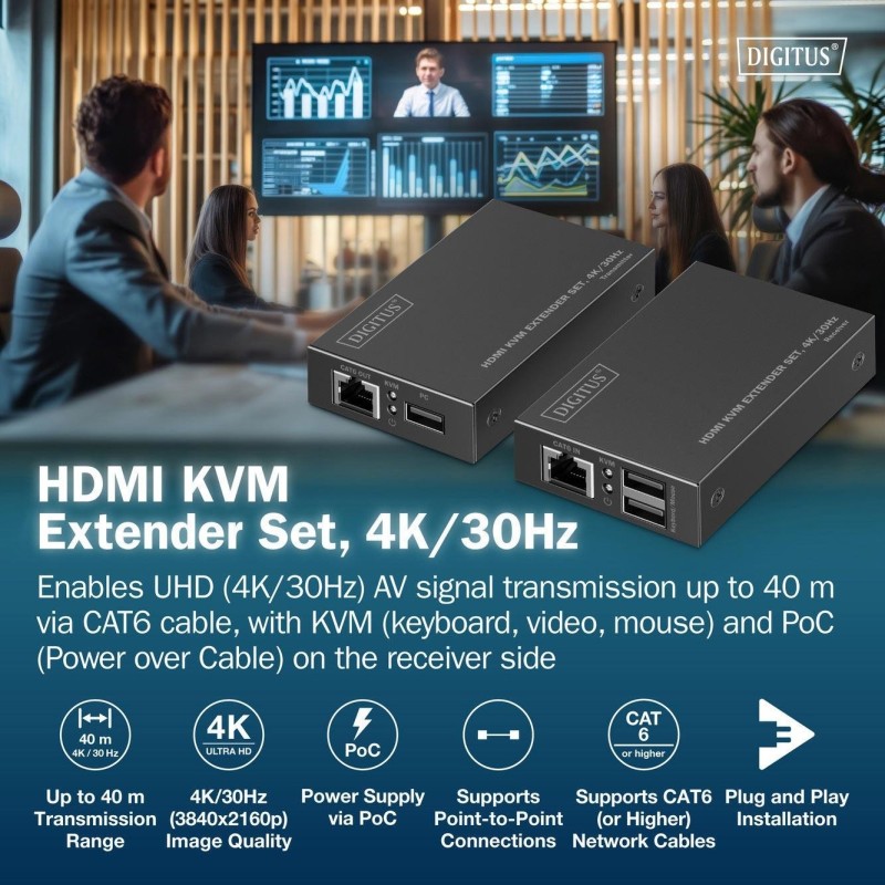 Przedłużacz/Extender DIGITUS KVM HDMI+USB 1.1 do 40m/70m po kat.6 z