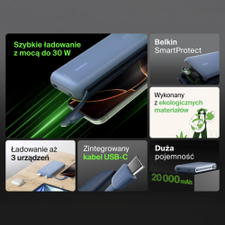Belkin Powerbank 20 000 mAh, 30W, wbudowany kabel USB-C, USB-C, USB-A, niebieski