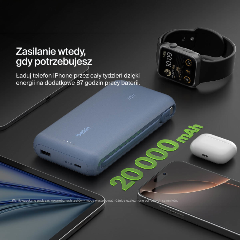 Belkin Powerbank 20 000 mAh, 30W, wbudowany kabel USB-C, USB-C, USB-A, niebieski