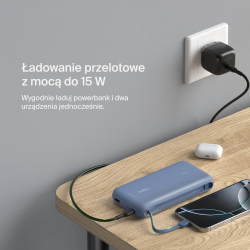Belkin Powerbank 20 000 mAh, 30W, wbudowany kabel USB-C, USB-C, USB-A, niebieski