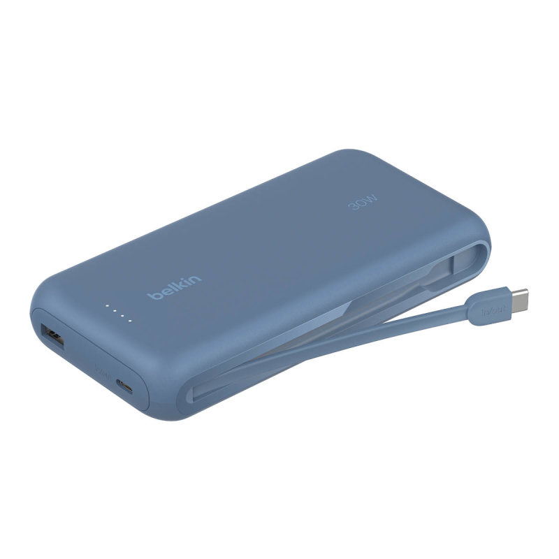 Belkin Powerbank 20 000 mAh, 30W, wbudowany kabel USB-C, USB-C, USB-A, niebieski