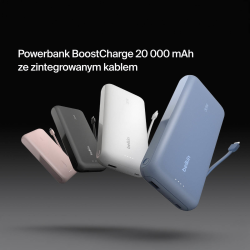 Belkin Powerbank 20 000 mAh, 30W, wbudowany kabel USB-C, USB-C, USB-A, niebieski