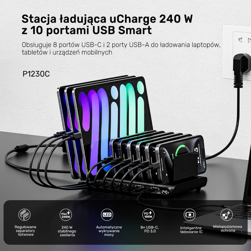 Unitek 10-portowa stacja ładowania USB-C i USB-A 240W | PartsPC.pl