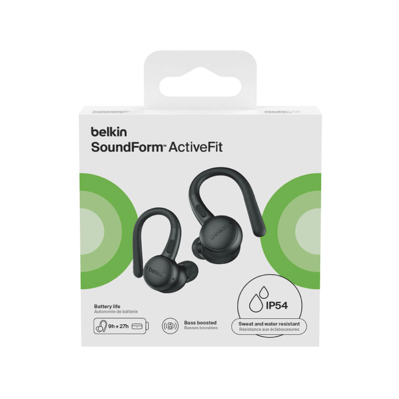 Belkin Słuchawki douszne z zaczepami, wodoodporne IP54, Bluetooth 5.4, czarne