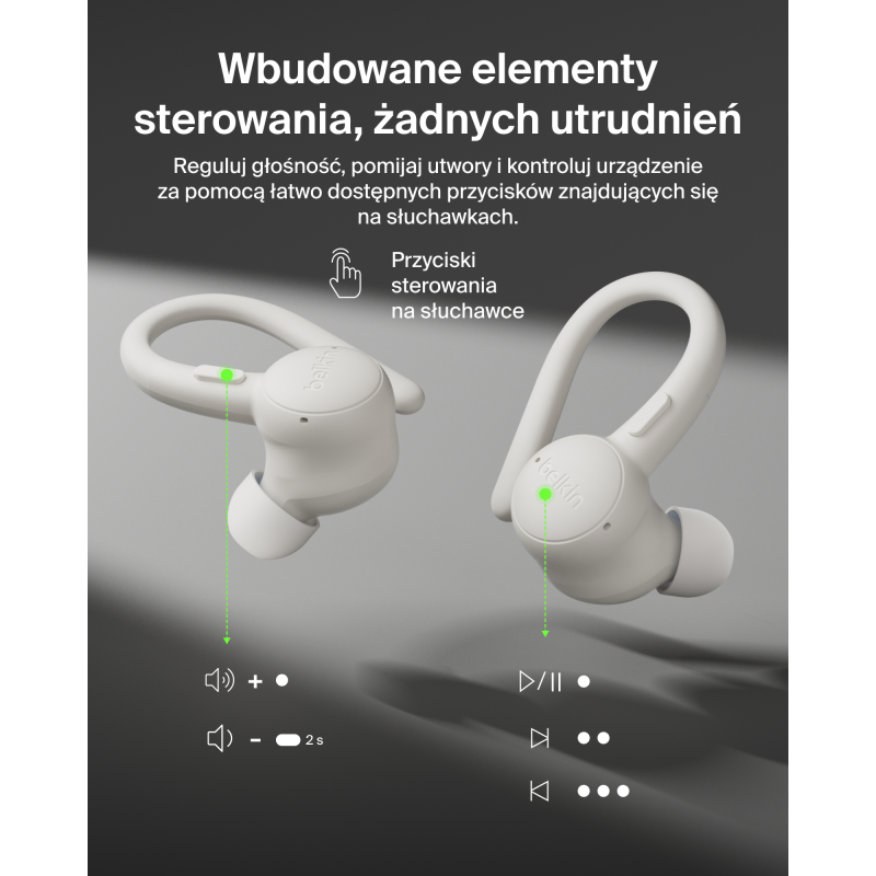 Belkin Słuchawki douszne z zaczepami, wodoodporne IP54, Bluetooth 5.4, kremowe