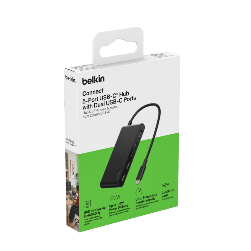 Belkin Hub USB-C, 2 x USB-A, 2 x USB-C PD 100W, HDMI 2.0 4K, 5Gbps, czarny