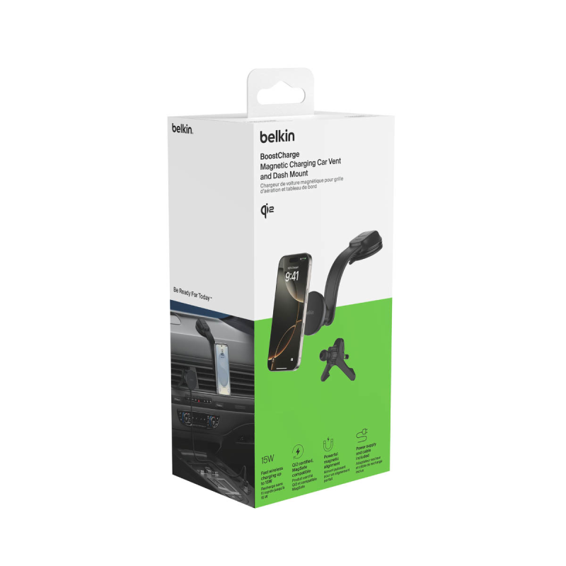 Belkin BoostCharge Ładowarka magnetyczna 15W Qi2, zasilacz 30W, na deskę rozdzielczą lub kratkę