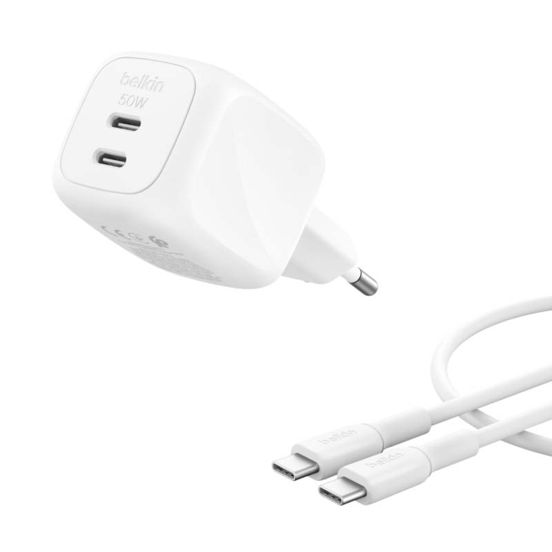 Belkin Ładowarka sieciowa, 2 porty USB-C, 50W, kabel USB-C, biała