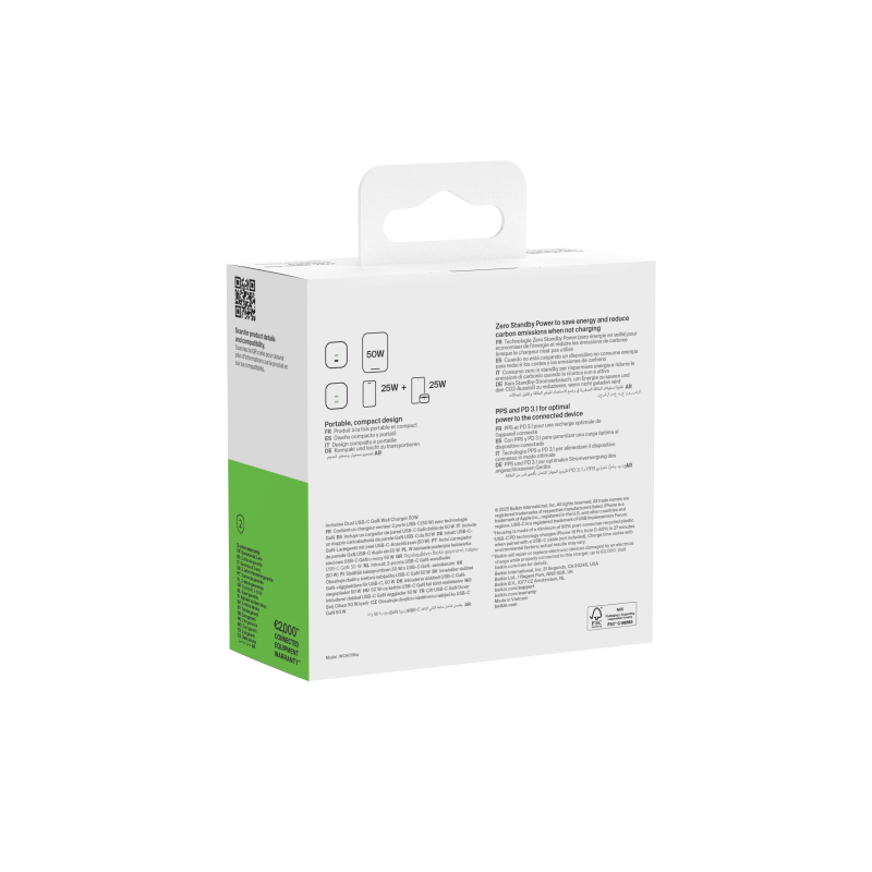 Belkin Ładowarka sieciowa, 2 porty USB-C, 50W, kabel USB-C, biała