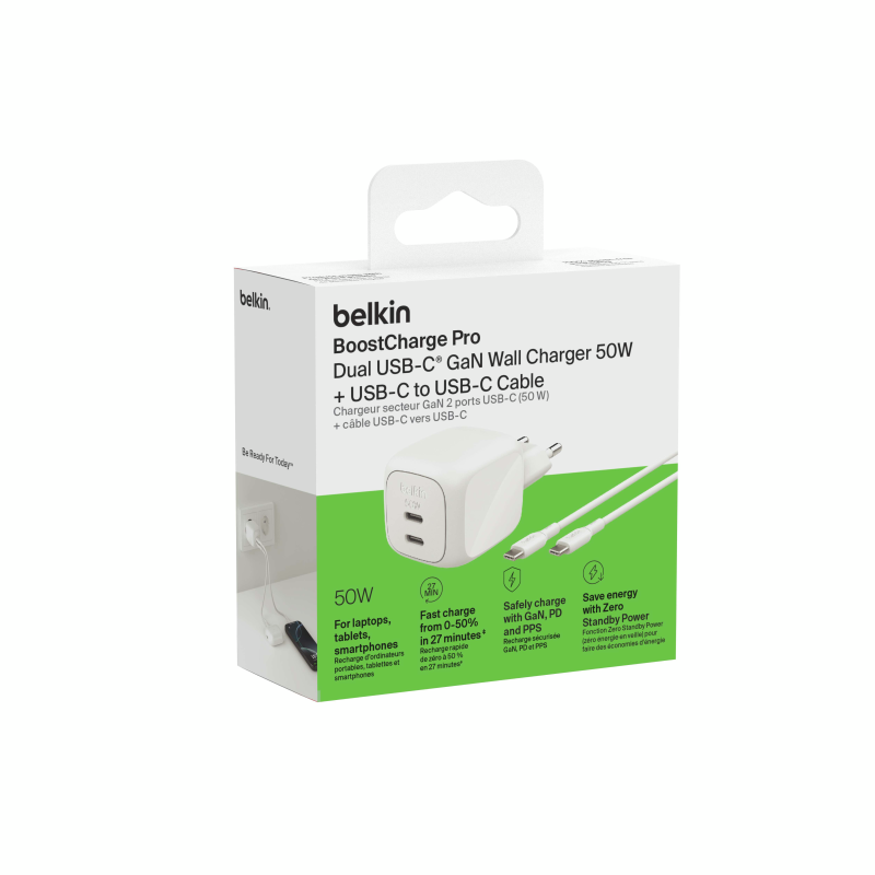 Belkin Ładowarka sieciowa, 2 porty USB-C, 50W, kabel USB-C, biała