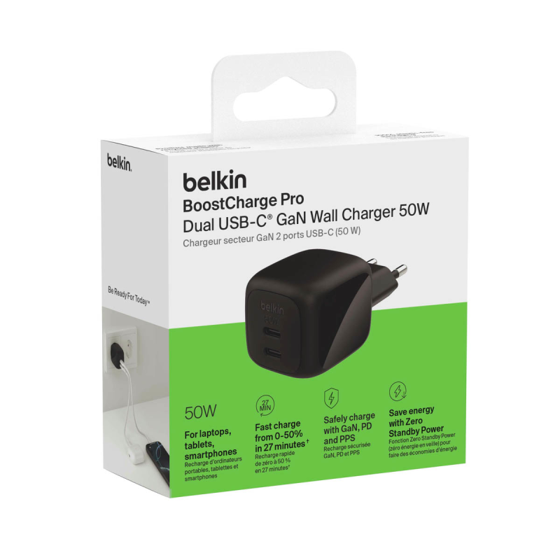 Belkin Ładowarka sieciowa, 2 porty USB-C, 50W, czarna