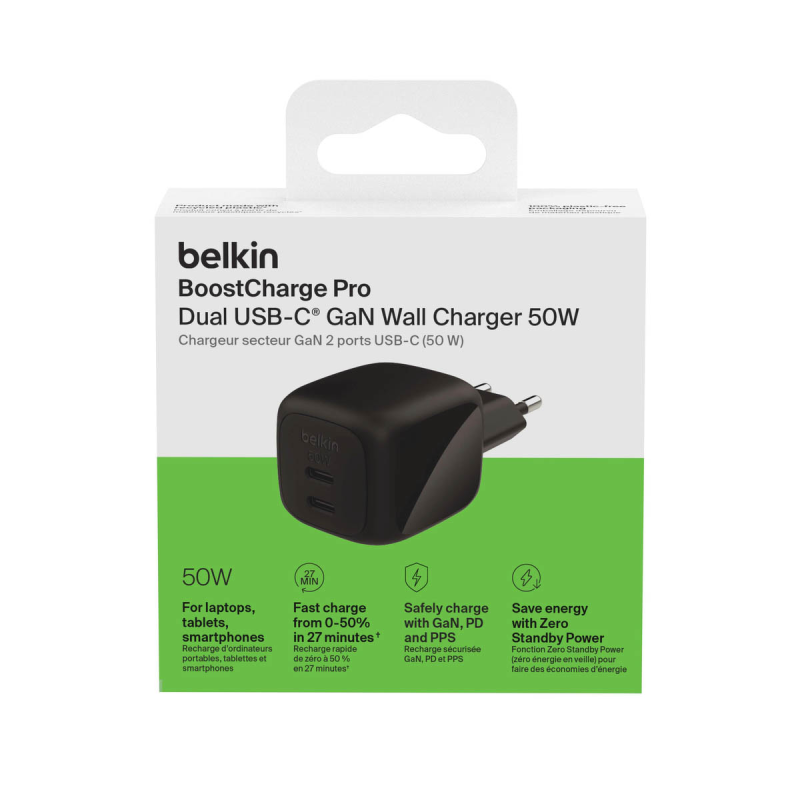 Belkin Ładowarka sieciowa, 2 porty USB-C, 50W, czarna
