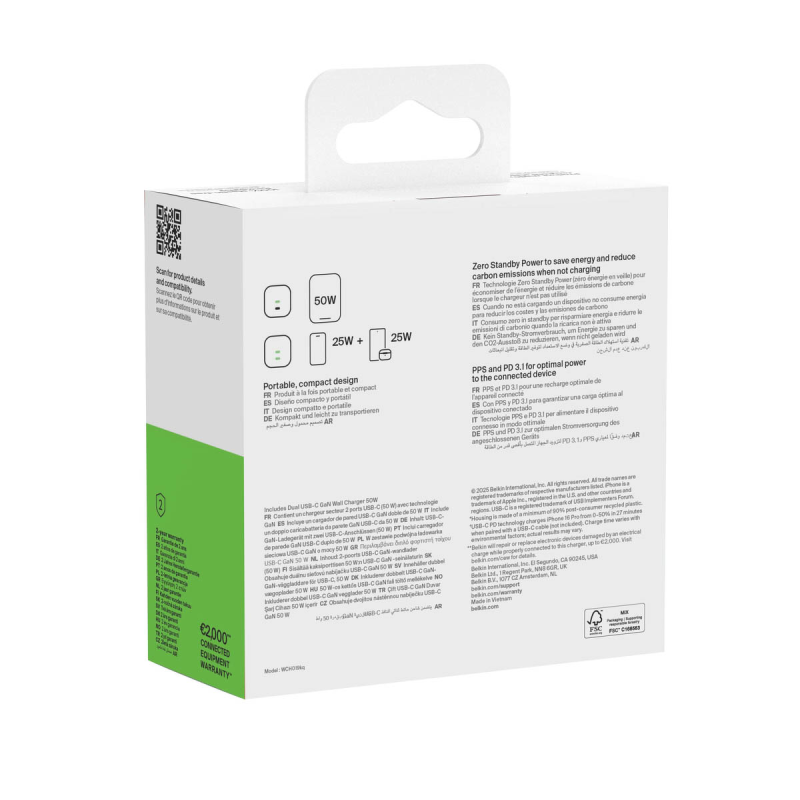 Belkin Ładowarka sieciowa, 2 porty USB-C, 50W, czarna