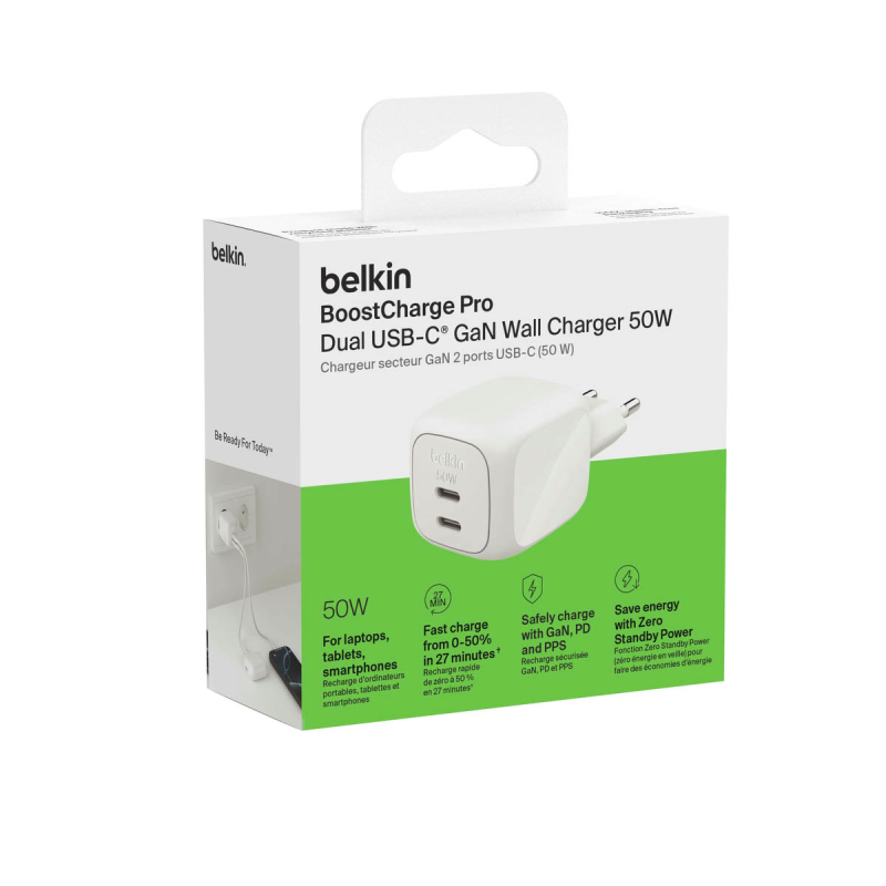 Belkin Ładowarka sieciowa, 2 porty USB-C, 50W, biała