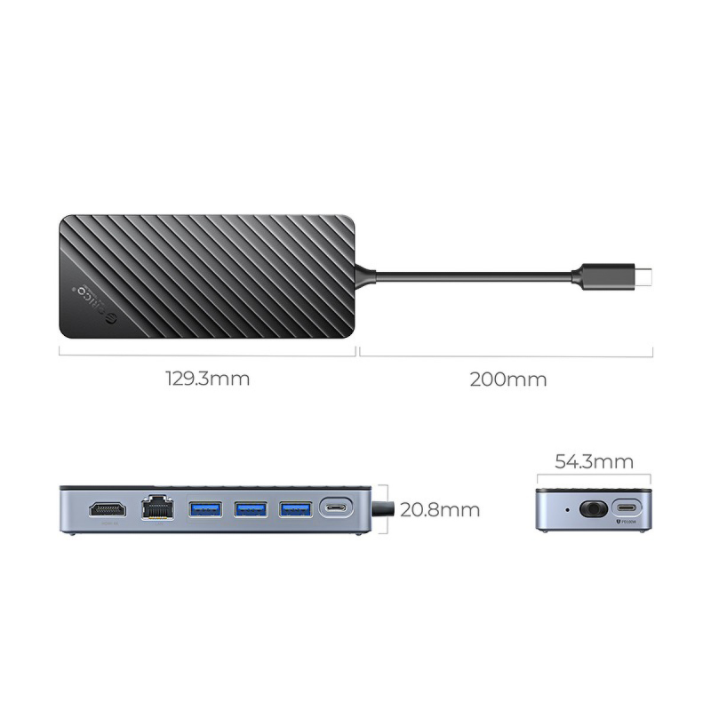 Orico Stacja dokująca USB-C z obudową M.2 NVMe/SATA, USB-A/C 10Gbps, HDMI 4K, PD 100W, RJ45