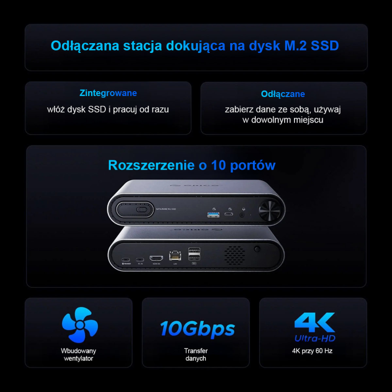 Orico Stacja dokująca USB-C z obudową M.2 NVMe/SATA, audio 3,5mm, RJ45, HDMI 4K@60Hz, PD 100W