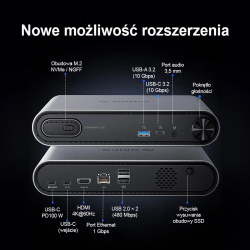 Orico Stacja dokująca USB-C z obudową M.2 NVMe/SATA, audio 3,5mm, RJ45, HDMI 4K@60Hz, PD 100W