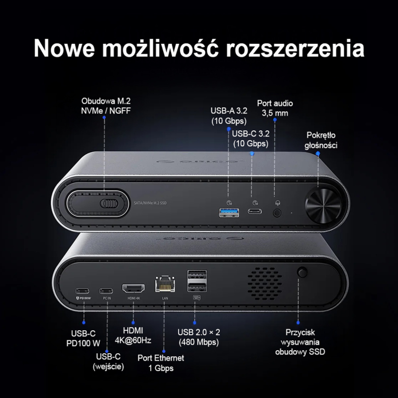 Orico Stacja dokująca USB-C z obudową M.2 NVMe/SATA, audio 3,5mm, RJ45, HDMI 4K@60Hz, PD 100W