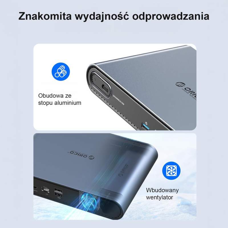 Orico Stacja dokująca USB-C z obudową M.2 NVMe/SATA, audio 3,5mm, RJ45, HDMI 4K@60Hz, PD 100W