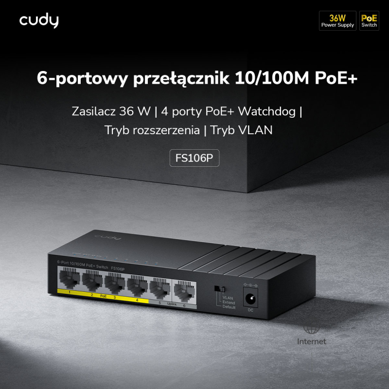 CUDY FS106P | przełącznik sieciowy, 6-portowy, PoE+, 36W
