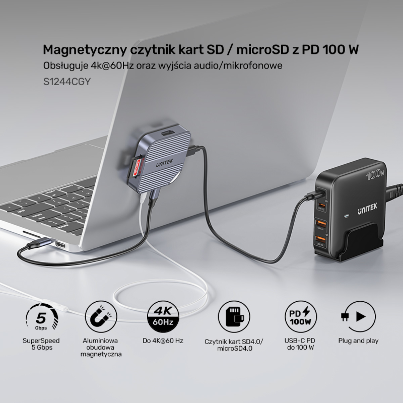 Unitek Magnetyczny czytnik kart SD/Micro SD 6w1 | PD100W | 4K@60Hz | 5Gbps