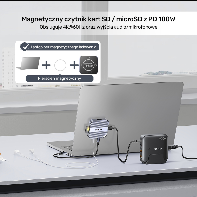 Unitek Magnetyczny czytnik kart SD/Micro SD 6w1 | PD100W | 4K@60Hz | 5Gbps