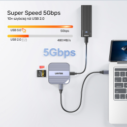 Unitek Magnetyczny czytnik kart SD/Micro SD 6w1 | PD100W | 4K@60Hz | 5Gbps