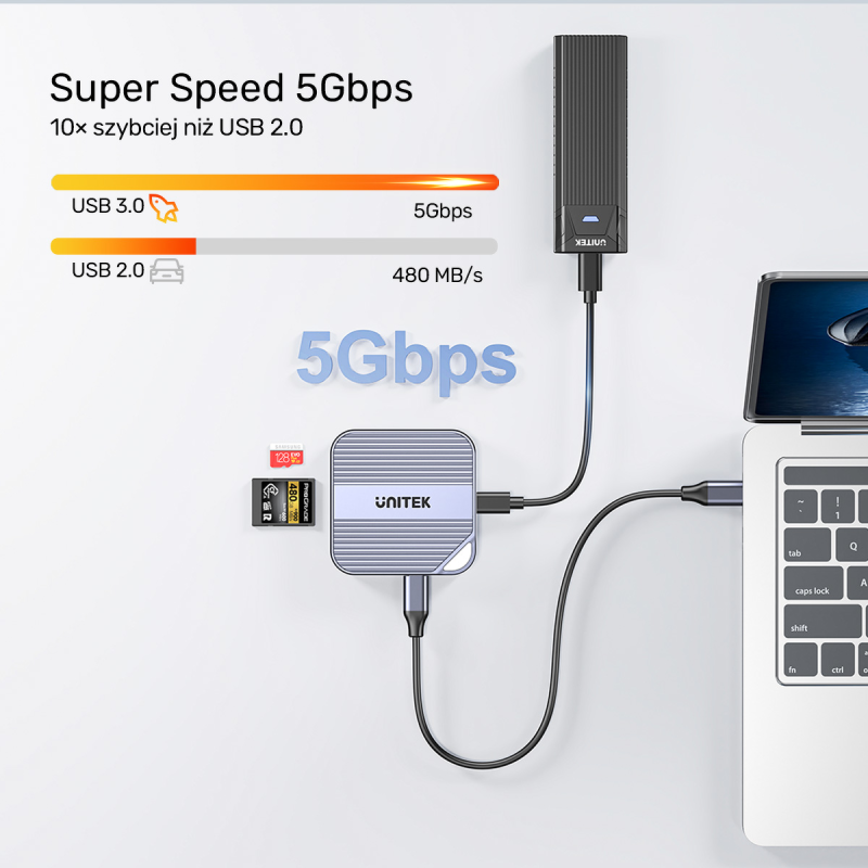 Unitek Magnetyczny czytnik kart SD/Micro SD 6w1 | PD100W | 4K@60Hz | 5Gbps