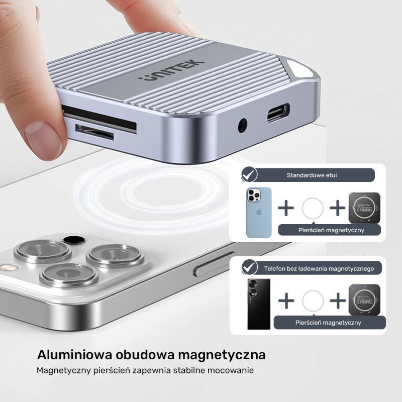 Unitek Magnetyczny czytnik kart SD/Micro SD 6w1 | PD100W | 4K@60Hz | 5Gbps