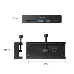 Orico Aktywny hub USB-C 10Gbps, 15W, przykręcany, 2x USB-A, czytnik SD, USB-C, czarny