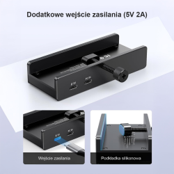 Orico Aktywny hub USB-C 10Gbps, 15W, przykręcany, 2x USB-A, czytnik SD, USB-C, czarny