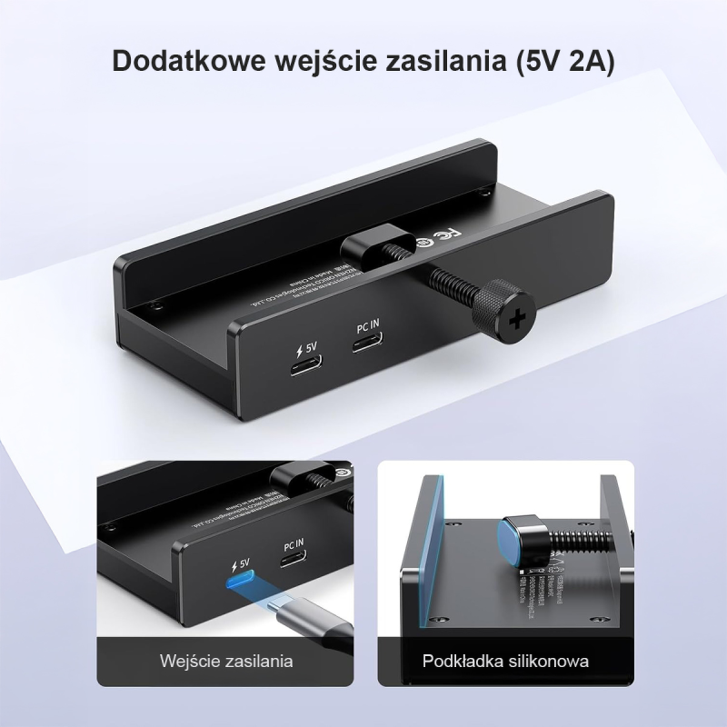 Orico Aktywny hub USB-C 10Gbps, 15W, przykręcany, 2x USB-A, czytnik SD, USB-C, czarny