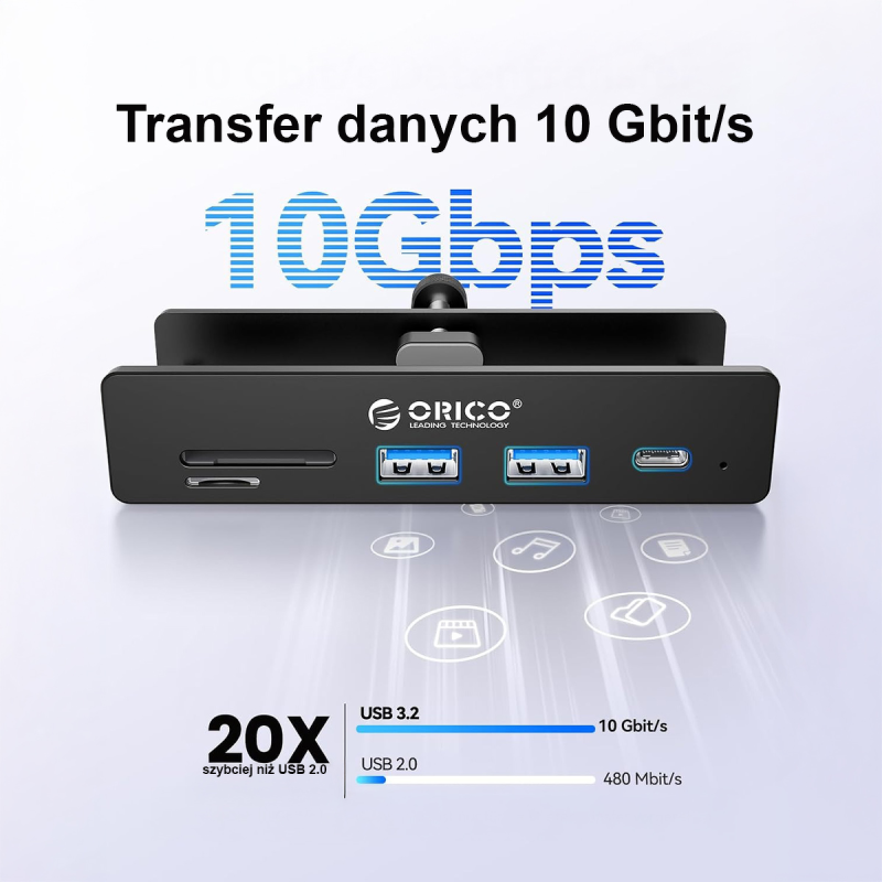 Orico Aktywny hub USB-C 10Gbps, 15W, przykręcany, 2x USB-A, czytnik SD, USB-C, czarny