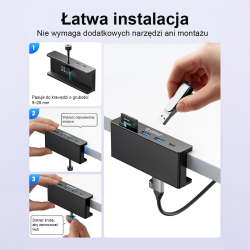 Orico Aktywny hub USB-C 10Gbps, 15W, przykręcany, 2x USB-A, czytnik SD, USB-C, czarny