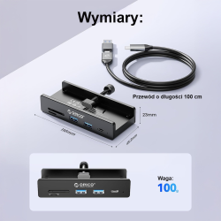 Orico Aktywny hub USB-C 10Gbps, 15W, przykręcany, 2x USB-A, czytnik SD, USB-C, czarny
