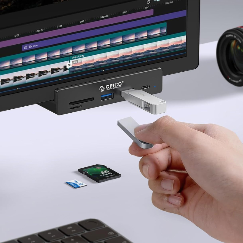 Orico Aktywny hub USB-C 10Gbps, 15W, przykręcany, 2x USB-A, czytnik SD, USB-C, czarny