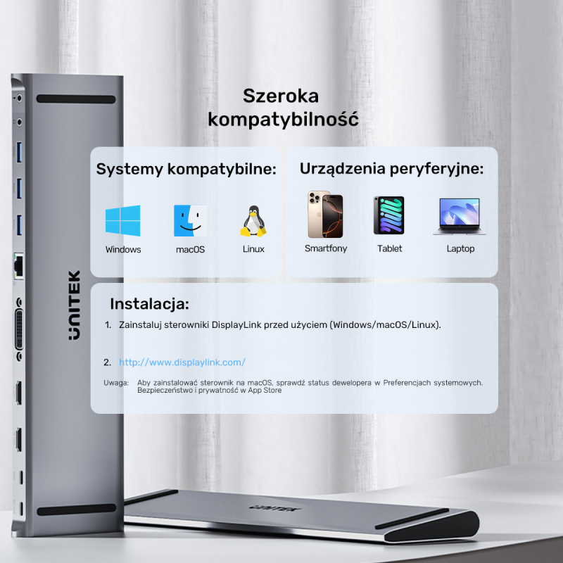 Unitek Stacja dokująca USB-C z DisplayLink 4K | 4K@30Hz | 5Gbps | PD 100W