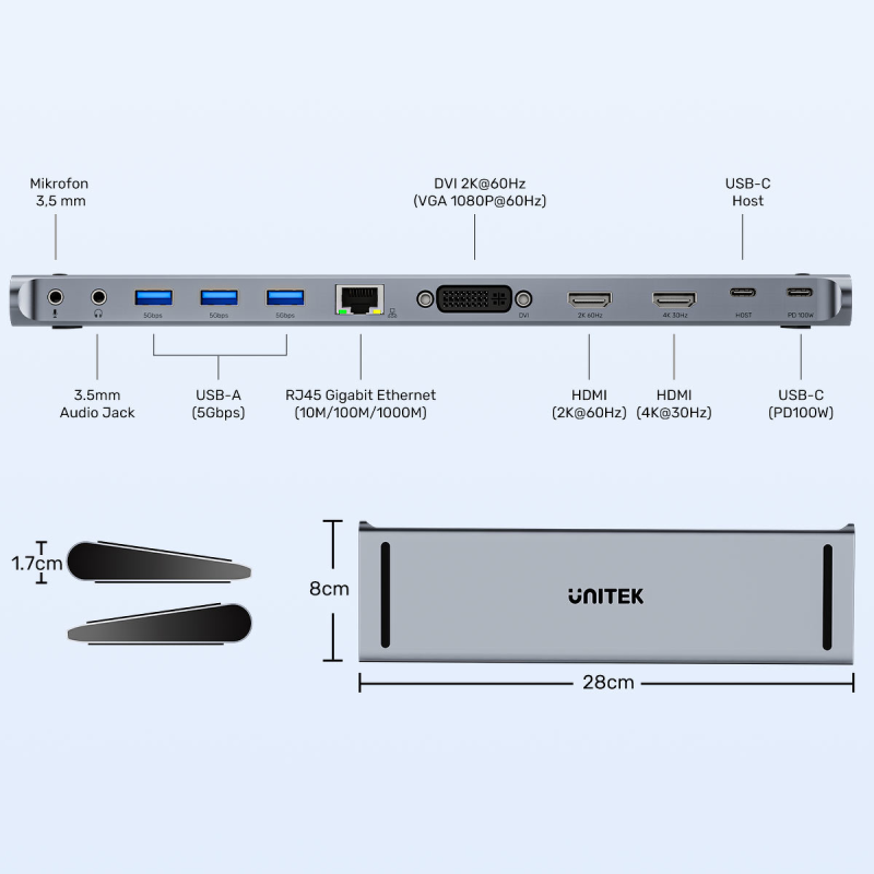 Unitek Stacja dokująca USB-C z DisplayLink 4K | 4K@30Hz | 5Gbps | PD 100W
