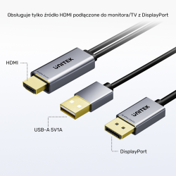 Unitek Kabel HDMI do DisplayPort 4K z zasilaniem USB-A | 4K@60Hz | HDR | 1,8 m