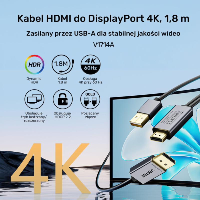 Unitek Kabel HDMI do DisplayPort 4K z zasilaniem USB-A | 4K@60Hz | HDR | 1,8 m