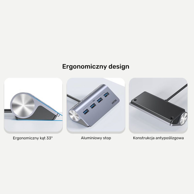 Unitek Ergonomiczny hub USB-C | 4x USB-A | 5Gbps